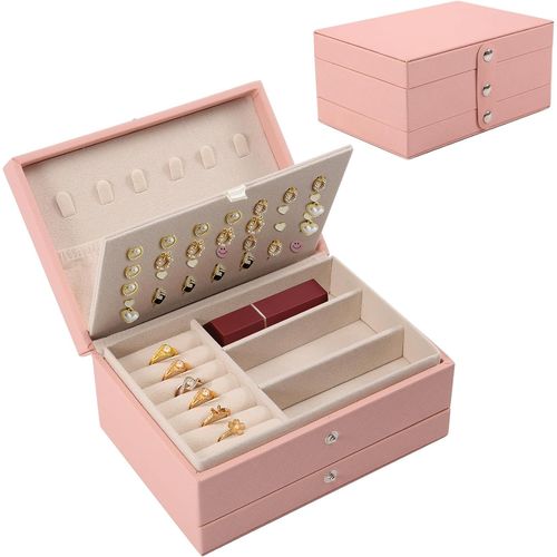 Coffret Boîte À Bijoux, Étui De Rangement À 3 Couches Pour Bracelet, Bague, Boucles D'oreilles, Collier, Cadeaux Pour Femmes Et Filles ¿ Rose