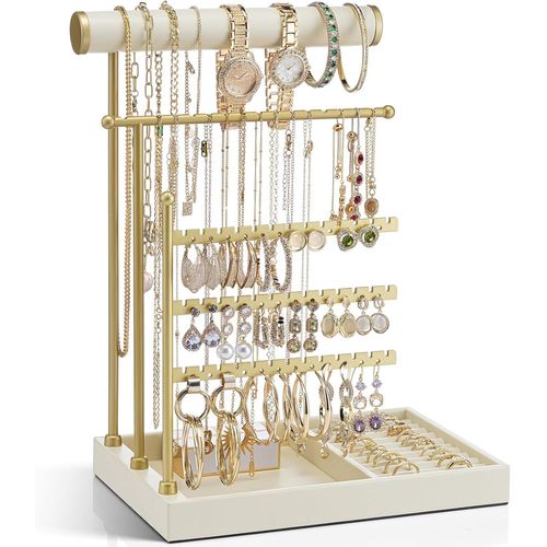 Présentoir À Bijoux Avec Porte-Bagues, Organisateur De Coiffeuse Avec Étagère, Rangement De Bijoux, Porte-Collier, Support De Décoration De Chambre, Porte-Boucles D'oreilles, Beige