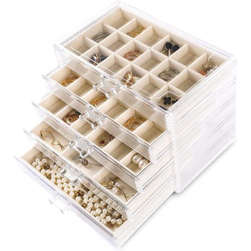 Organ Ur De Bijoux En Acrylique Transparent Avec 5 Tiroirs Et Plateaux En Velours Pour Femme, Présentoir Empilable Pour Bagues, Clous Et Bracelets (Beige)