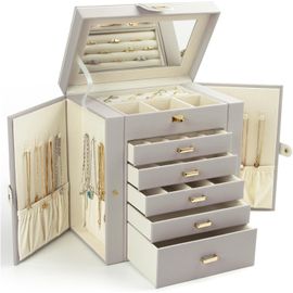 Boîte À Bijoux Pour Femme, Grande Boîte De Rangement À Bijoux À 6 Couches Avec Miroir Et 5 Tiroirs Pour Bagues, Boucles D'Oreilles, Colliers, Bracelets, Gris