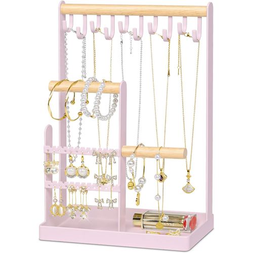 Présentoir À Bijoux - Porte-Bijoux Avec Base De Rangement - Support De Rangement Pour Colliers, Bracelets, Bagues - Rose
