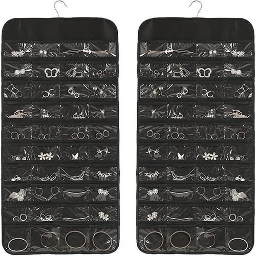 Organisateur De Bijoux À Suspendre - Double Face - Avec 80 Poches Et Crochets En Métal - Porte-Bijoux Double Face Pour Accessoires, Bagues, Boucles D'oreilles, Collier, Bracelet - 86 X 43 Cm - Noir