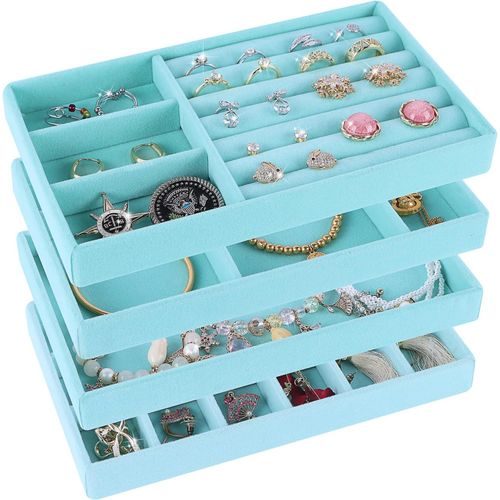 Rangement Bijoux Tiroir Range Bague Organ Ur Plateau Bijoux Jewelry Organizer Empilable Pour Bijoux Boucles D'oreilles Bracelet Bagues De Rangement 4stk (Bleu)