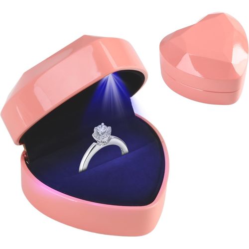 Boîte À Bagues En Velours, Boîte De Bague Avec Lumière Led, Alliance Mariage Fiançailles, Écrin Bague Forme C?Ur, Boîte À Anneau Avec Éclairage Led, Coffret Cadeau Mariage,Rangement Bijoux (1, Rose)