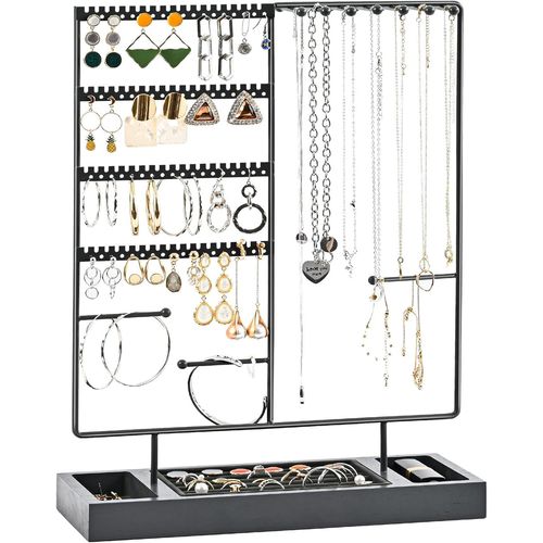 Porte Bijoux Presentoir Bijoux Métal, Support Boucle Doreille Collier Bracelet Avec Plateau En Bois, Organisateur Rangement De Bijoux -Gris