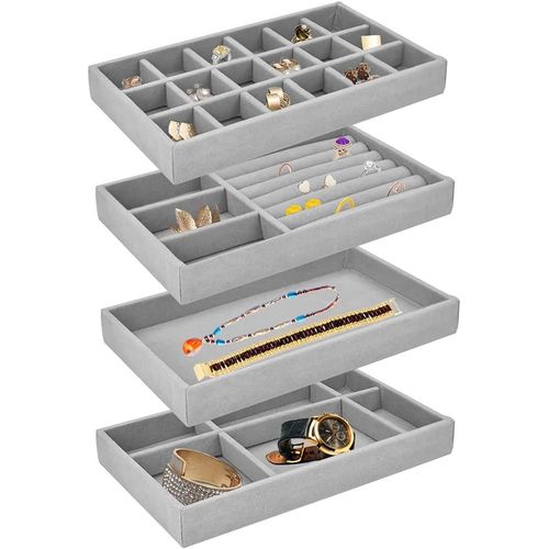 4 Plateaux Bijoux Tiroir 4 Style Rangement Bijoux Tiroir Plateau Bijoux Velours Organisateur Bijoux Tiroir Gris Présentoir Plateau Bijoux Pour Ranger Et Présenter Des Boucles D'oreilles