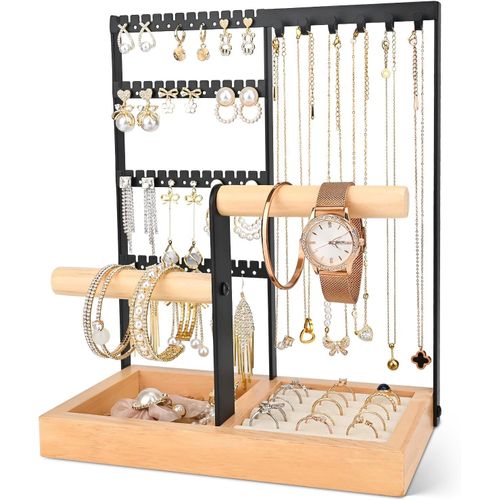 Porte Bijoux Présentoir À Bijoux Porte, 4 Étages Porte Bijoux Femme, Presentoir Collier Avec Plateau Pour Boucles D'oreilles Et Trous, Pour Colliers, Bagues, Bracelets, Montres(Noir)