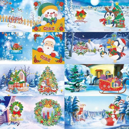 5d Cartes De Voeux De Noël 5d Diy Diamant Peinture Strass Broderie Peinture Arts Artisanat Cartes D'anniversaire De Noël Pour Famille Amis Amoureux 8 Pcs