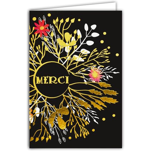Carte Merci Remerciement Fleurs Avec Dorure Format 12 X 17,5 Cm + Enveloppe Blanc