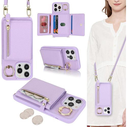 Kal-Coque Pour Iphone 12 Pro Max Etui Avec Cordon Collier Sangle Réglable,Housse En Cuir Avec Anneau Étui Portefeuille Avec Porte Carte Pochette - Lilas