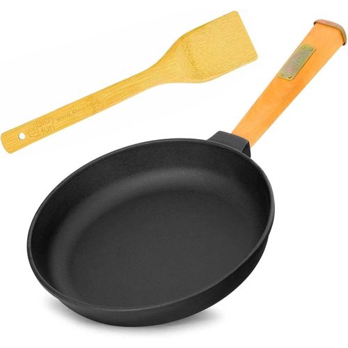 CHECARZHN--NO1-Poêle En Fonte De 24 Cm De 47 Mm De Haut Avec Manche En Bois Brizoll - Poele Ronde Avec Spatule - Poêle À Frire À Induction - Convient Pour Barbecue À Gaz, Four, Foyer Et Tous Feux Don