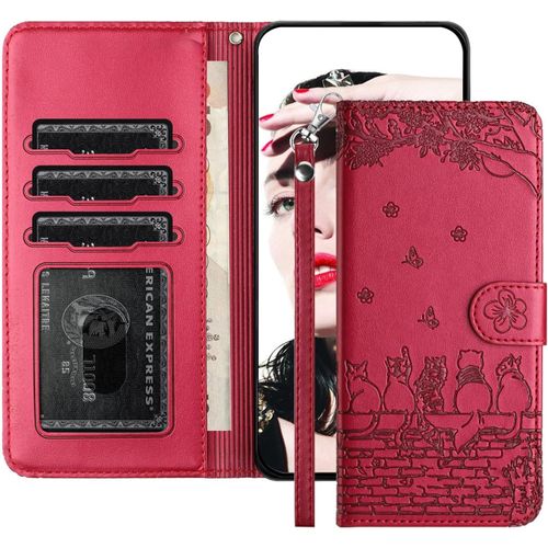 Kal-Coque Pour Iphone 16(6.1 Pouces), Étui Portefeuille En Pu Cuir Avec Support Intégré,Magnétique,Antichoc,3 Fentes Cartes -Motif De Chat Housse,Rouge