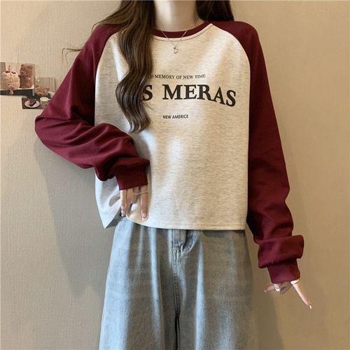 Sweat-Shirt Femme À Manches Longues Et Col Rond, Col Enveloppant Dans Le Dos, Coutures Fines En Polaire, Couleurs Contrastées