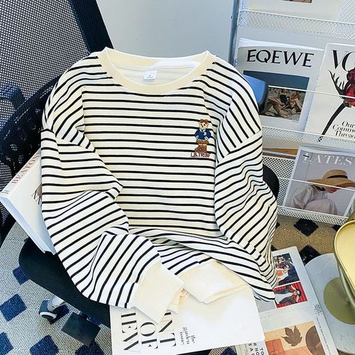 Sweat-Shirt De Qualité Pour Femmes, Printemps Et Automne, Broderie À Rayures Fines, Col Rond, Manches Longues, T-Shirt, Vêtements Pour Femmes