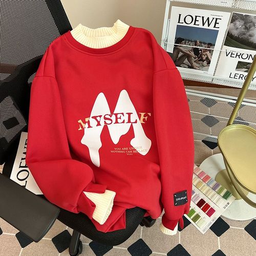 Sweat-Shirt En Peluche Faux Deux Pièces Hiver Col Mi-Haut Hauts Chauds Grande Taille Vêtements Pour Femmes