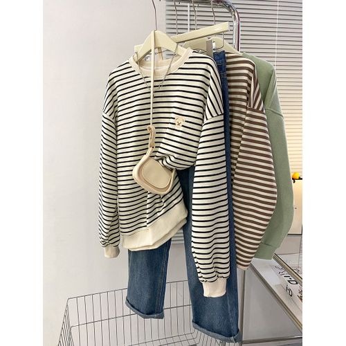 Sweat-Shirt Rayé À Perles Pour Femme, Printemps Et Automne, Col Rond, Manches Longues, T-Shirt, Grande Taille, Vêtements Pour Femmes