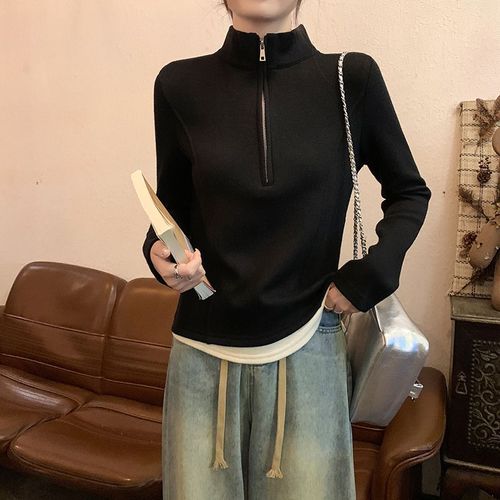 Faux Deux Pièces Printemps Et Automne Mince Couleur Unie Femme Col Montant Fermeture Éclair Veste Courte Haut