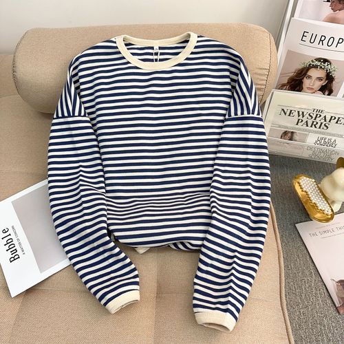 Sweat-Shirt Rayé Pour Femme, Style Fin, Début Du Printemps, Ample, Col Rond, Manches Longues