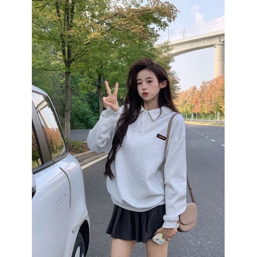 Sweat-Shirt En Peluche Et Épais Pour Femme Automne Et Hiver Col Chemise Brodé Haut Chaud