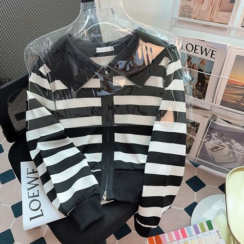 Pull Rayé 340 G Pour Femme, Cardigan Fin, Début De Printemps, T-Shirt À Manches Longues, Haut À Fermeture Éclair À Revers