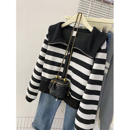 Pull Rayé 340 G Pour Femme, Cardigan Fin, Début De Printemps, T-Shirt À Manches Longues, Haut À Fermeture Éclair À Revers