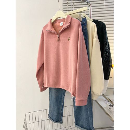 Sweat-Shirt Composite Brossé Pour Femme, Haut À Revers Avec Fermeture Éclair Brodée Au Début Du Printemps, Vêtements Pour Femmes