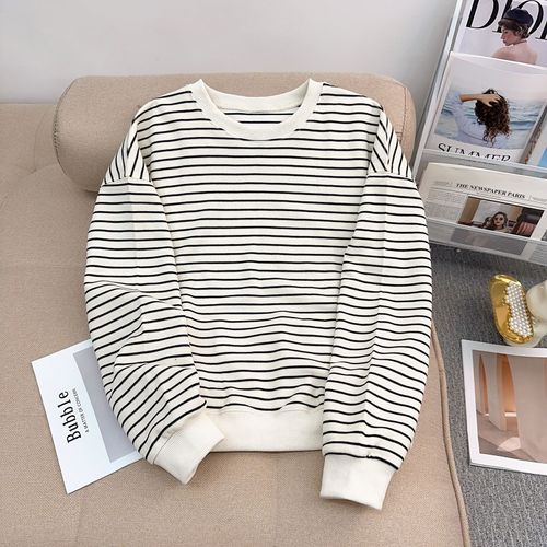 Sweat-Shirt Composite Perlé Pour Femme Au Début Du Printemps Avec Haut À Manches Longues À Col Rond Fin Et Rayé Tendance