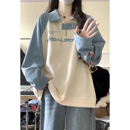 Sweat-Shirt À Col Polo Raglan Brodé Pour Femme, Haut De Printemps De Petite Taille