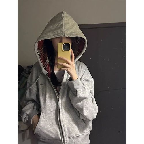 Cardigan Zippé À Carreaux De Couleur Contrastée Veste Femme Niche Sweat-Shirt Imprimé Femme