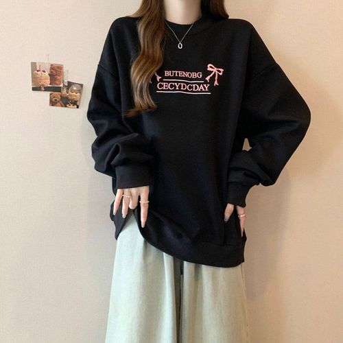 Sweat-Shirt Ample Brodé Avec Lettres Et N?ud Papillon Pour Femme, Haut Décontracté Et Assorti, Idéal Pour L'automne Et L'hiver