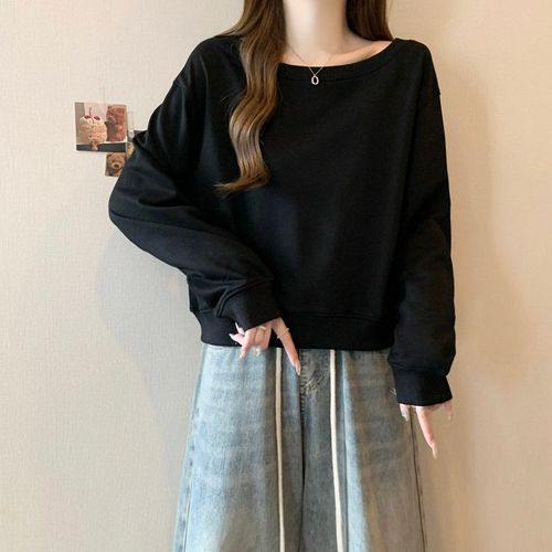Sweat-Shirt À Manches Longues Ample Et Polyvalent À Col Incliné De Style Français, Design Irrégulier À Épaules Dénudées Pour Femmes