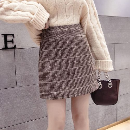 Jupe En Laine À Carreaux Hiver Rétro Taille Haute Jupe En Laine Slim Tempérament Jupe Hanche Une Étape