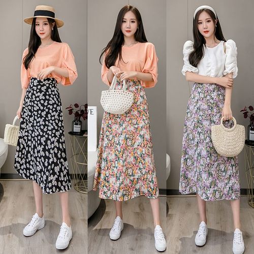Jupe Longue Taille Élastique Printemps Et Été Couvrant Les Hanches Jupe Trapèze Taille Haute Longueur Moyenne Jupe Florale En Mousseline De Soie Vacances