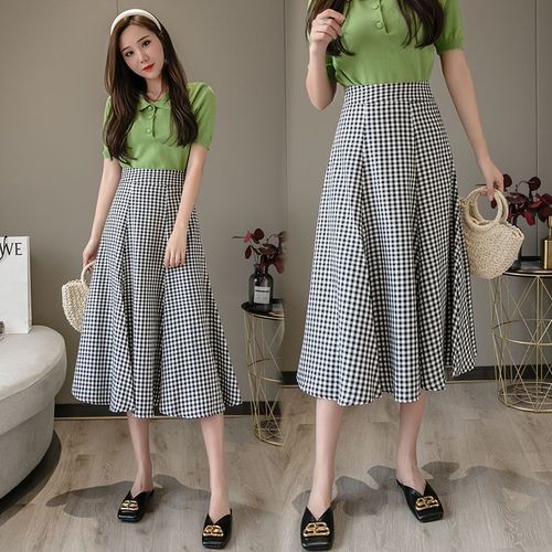 Jupe Mi-Longue Pour Femme Style Hong Kong, Jupe Longue À Carreaux, Taille Haute, Jupe Trapèze Slim