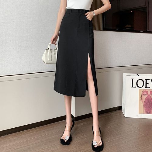 Jupe Femme Taille Haute Jupe Mi-Longue Petite Jupe Noire Jupe Longue Fendue Devant Jupe De Banlieue