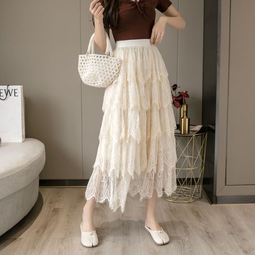 Jupe Longue En Dentelle Taille Haute Pour Femme, Jupe Gâteau Super Chaude, Jupe Mi-Longue, Jupe Trapèze