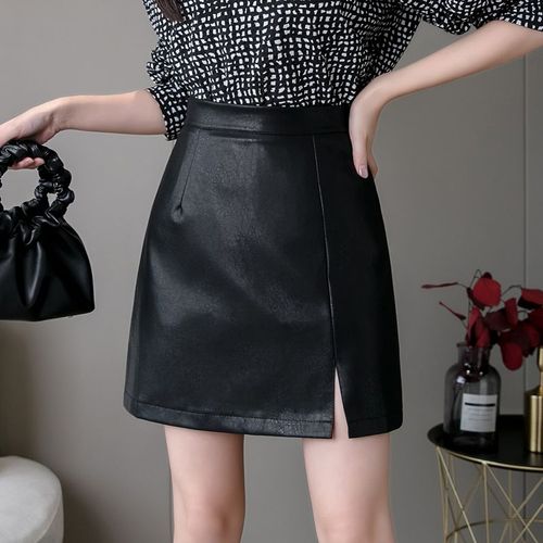 Jupe Courte En Cuir Pu Pour Femme Automne Et Hiver Jupe Taille Haute Trapèze Avec Petites Fentes Jupe Hanche Rétro Jupe En Cuir Tout-Assorti