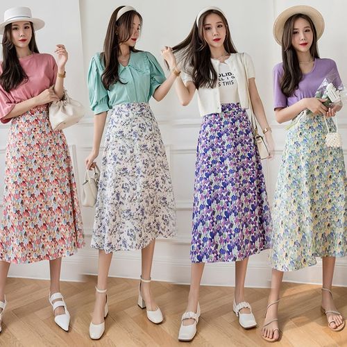 Jupe Midi Imprimée Taille Haute, Taille Élastique, Jupe Trapèze En Mousseline De Soie, Longueur Genou, Motif Floral