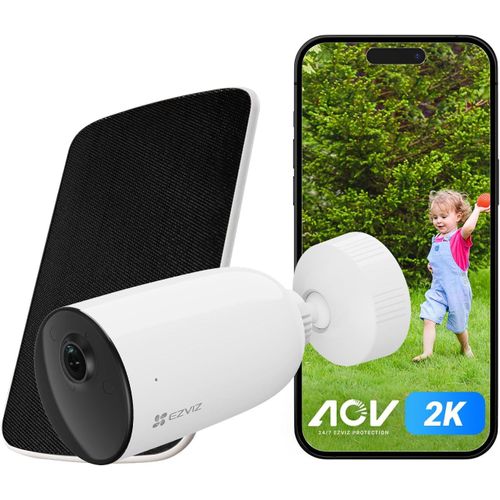 2K Caméra Surveillance WiFi Extérieure sans Fil avec Panneau Solaire, AOV, Détection de Forme Humain/Véhicule, Vision Nocturne Couleur, Audio Bidirectionnel, Défense Active, IP66, CB3 Kit