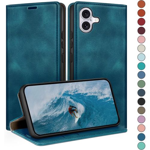 Kal-Coque Pour Iphone 16 6.1"" Avec Rfid Blocage Etui À Rabat En Cuir De Premium,Fentes Pour Cartes,Coques De Case,Cover À Rabat Pour Apple 16 Portefeuille Sarcelle