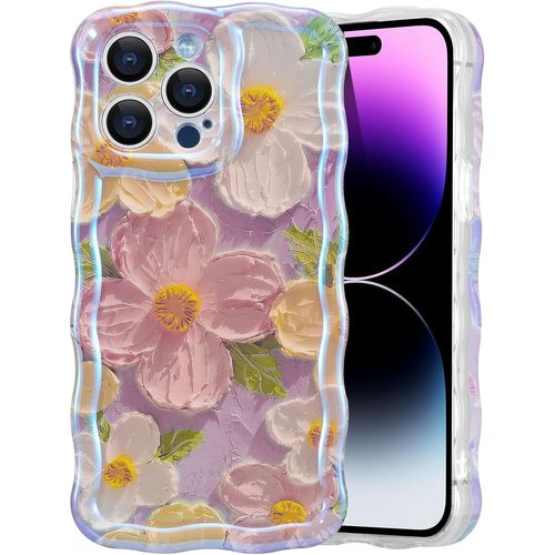 Kal-Coque De Téléphone Pour Iphone 13 Pro Max, Coloré Vintage Peinture À L'huile Fleur Étui De Téléphone Brillant Curly Wave Frame Tpu Cas À La Durable Rayures Housse De Protection - Rosa