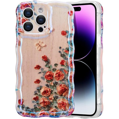 Kal-Coque De Téléphone Pour Iphone 15 Pro, Coloré Peinture À L'huile Fleur Étui De Téléphone Brillant Curly Wave Frame Forme Tpu Cas À La Durable Rayures Housse De Protection - Beige