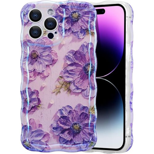 Kal-Coque Pour Iphone 15 Pro, Vintage Peinture À L'huile Fleur Étui De Téléphone Brillant Curly Wave Frame Forme Tpu Durable Rayures Cas De Protection - Violette