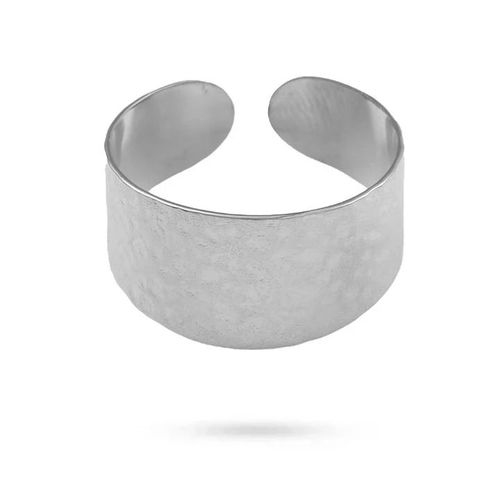 Bague Manchette Large Femme Acier Inoxydable Argenté Style Martelé Ajustable