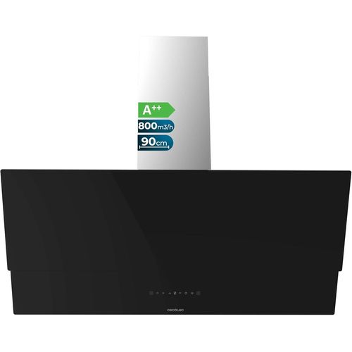 CHECARZHN--NO1-Hotte Aspirante Inclinée Décorative 90Cm Bolero Flux Dt 908001 Glass Black A++. Finition Verre Noir, Cheminée Inox, Aspiration 800M3/H, Moteur 210W, Filtre Charbon