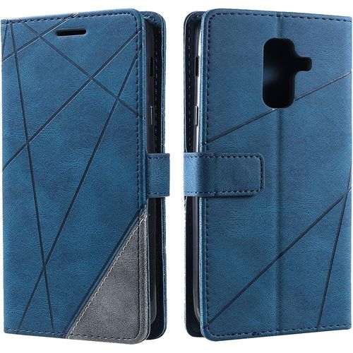 Kalanka-Coque Pour Samsung Galaxy A6 Plus 2018, Rabat Portefeuille De Protection Cuir Pu Etui, Slim Silicone Tpu Bumper Magnétique Housse, Flip Porte Cartes Avec Fonction Support Cover Case (Bleu)