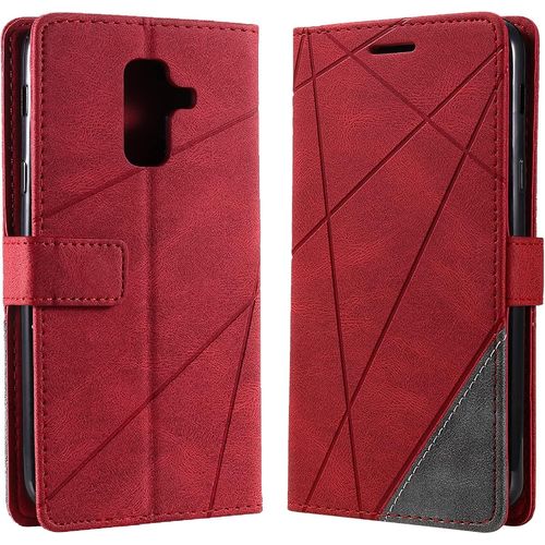 Kalanka-Coque Pour Samsung Galaxy A6 Plus 2018, Rabat Portefeuille De Protection Cuir Pu Etui, Slim Silicone Tpu Bumper Magnétique Housse, Flip Porte Cartes Avec Fonction Support Cover Case (Rouge)