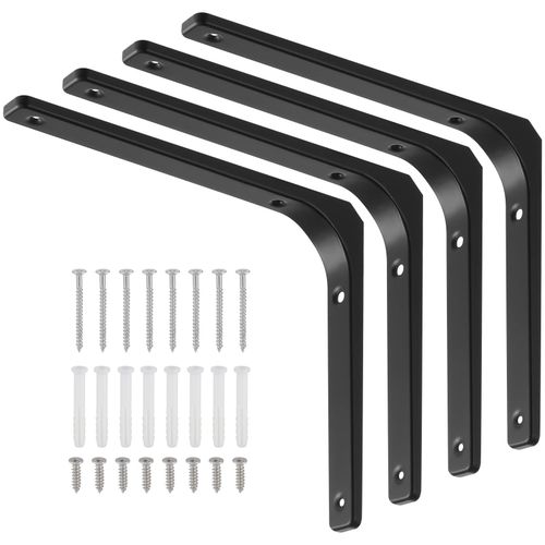 4 Pièces Équerre Étagère de Fixation Noir, Supports D'étagère Murale, Équerre Murale en Forme de L avec Vis et Ancrages Assortis, Capacité de Charge Maximale de 70kg (250 x 300 mm)