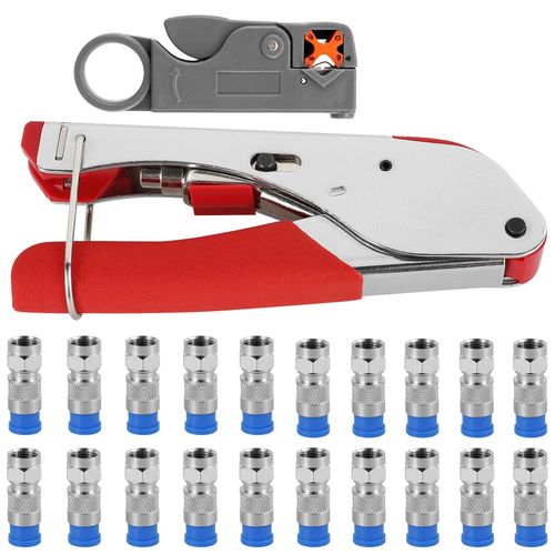 Kit de pince à sertir de type F avec 20 connecteurs F et coupe-câble coaxial rotatif, pince à sertir pour câble satellite, câble coaxial