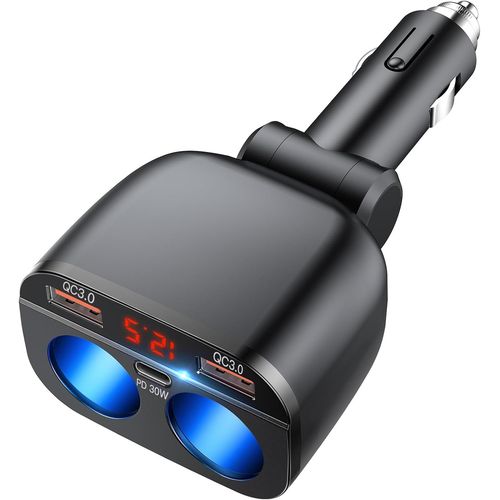 AYU-Adaptateur allume-cigare 5 en 1 - Chargeur de voiture - 12 V - USB C - 2 prises - DC 12 V - 80 W - Avec voltmètre LED - Double interrupteur USB